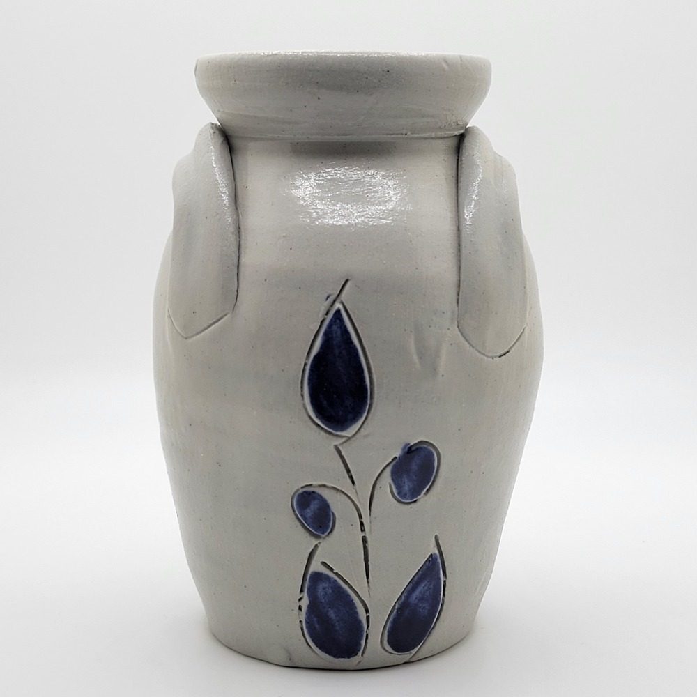 Williamsburg Pottery Vase Crock Vintage Cobalt Blue Leaf Bud Salt Glaze 5" Tall